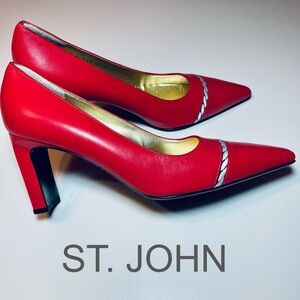 St. John Red Pointed Toe Leather Pumps with Braided Trim